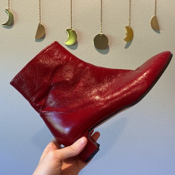Zara Shoes - Zara Crinkle Red Leather Shiny Patent Low Heel Bootie. Size 40/US 9. Side Zip.